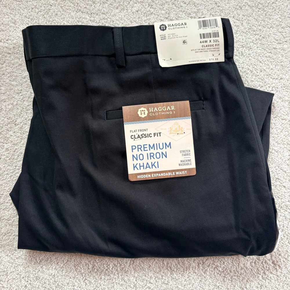 Haggar Black Khaki Pants Classic Fit No Iron Stretch Mens NEW 44x32 Cotton Work